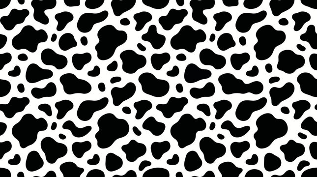 Close-up of a high-contrast black-and-white cowhide pattern with irregular spots, ideal for textiles, wallpaper, and graphic design projects.