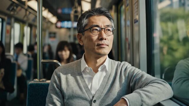 A thoughtful Asian man sits on a crowded bus or train, lost in thought during his daily commute.