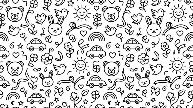 Playful black-and-white seamless doodle pattern with cute animal faces, sun, rainbow, flowers and leaves for kids decor and textiles