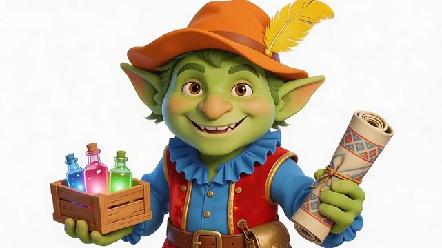 Fantasy goblin merchant character holding potion crate and treasure map.