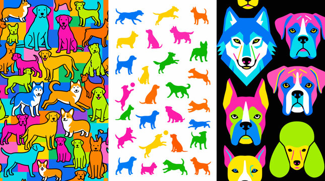 Colorful dog collage in pop art style featuring multiple breeds and neon dog portraits for playful wall decor.