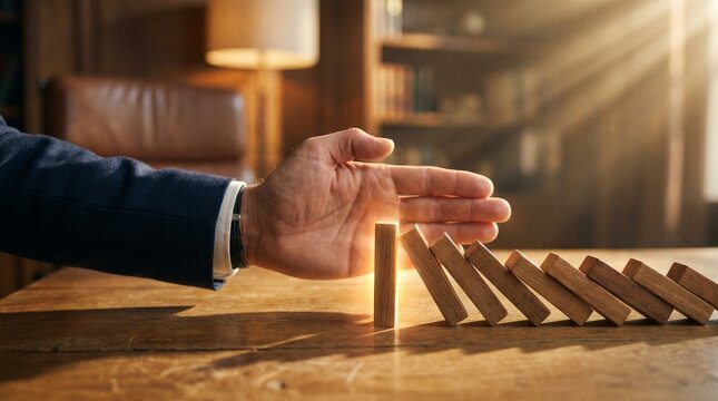 Close up of male executive hand stopping falling wooden dominoes on desk representing risk management and business stability