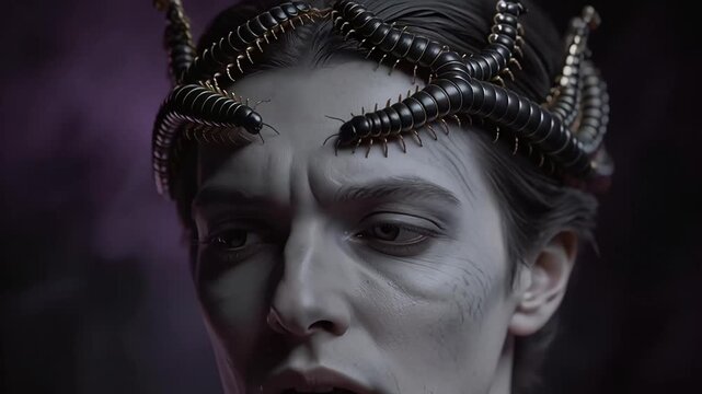 Mysterious woman wearing a dark crown made of living centipedes.