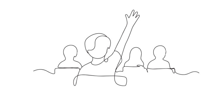 One line drawing of smart student raising hand in classroom. Continuous line of active learning interaction. School education concept. Modern minimalist style. single line art vector illustration.
