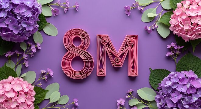 International womens day 8m concept with pink paper quilling letters on a vibrant purple background decorated with beautiful pink and purple hydrangea flowers