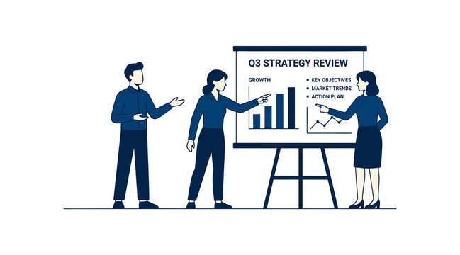 Team Business Meeting Q3 Strategy Review with Growth Chart.
