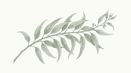 A delicate branch with green leaves against a light beige background, showcasing a natural and serene composition with soft colors. © ahmad