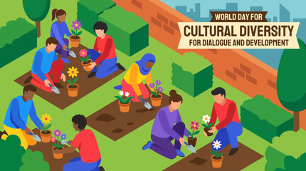 Naklejka premium Diverse People Gardening for World Day for Cultural Diversity