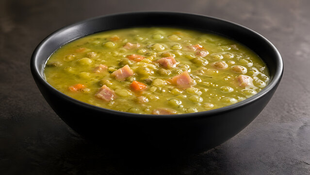 A matte black bowl enhances glossy highlights of split pea soup with ham emphasizing contrast and rich surface detail