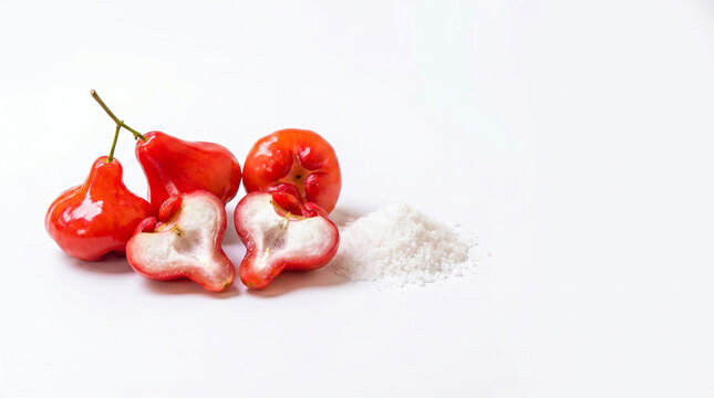 Fresh red water apples, known as Chambakka in Kerala, whole and halved on a white background with salt. A nostalgic monsoon childhood favorite fruit from South India.