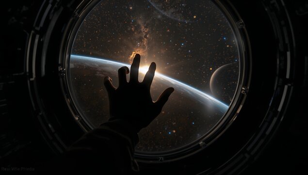 Person reaching for planetary sunrise through round spaceship window
