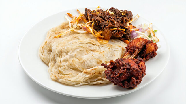Kerala parotta with spicy beef roast and fried chicken served on a plain round white plate with salad garnish, authentic South Indian street food combo isolated on white background.