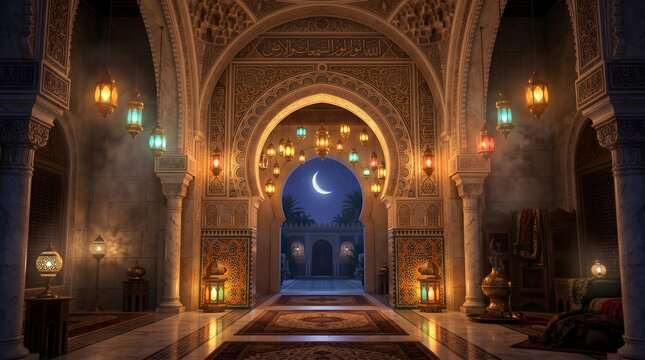 Beautiful islamic arch doorway with glowing lanterns and crescent moon, luxury arabic palace interior, intricate islamic ornament, soft volumetric lighting, spiritual atmosphere, ultra detailed 8k ren