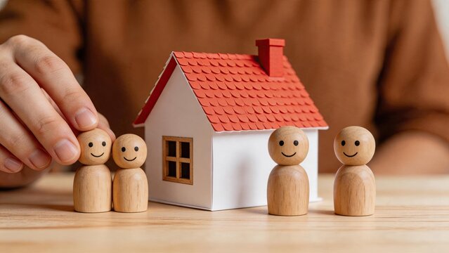 Family protection and home insurance concept, wooden figures of parents and children standing near a model house, hand arranging the family members, real estate ownership,