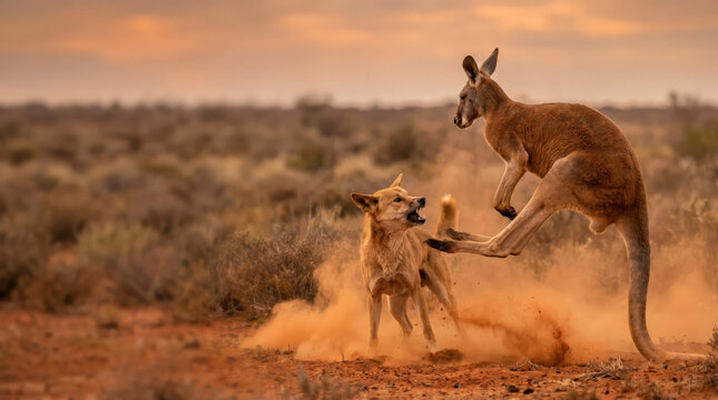 Kangaroo vs dingo confrontation in Australian outback bush, predator vs prey behavior, copy space left side