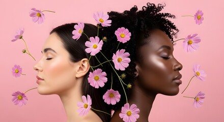Fototapeta premium Diverse women with flowers, beauty and skincare concept