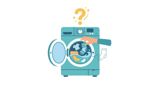 A teal washing machine with question mark.