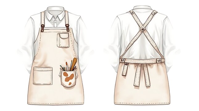 Cosy Apron with Pockets and Tools on White Shirt Front and Back