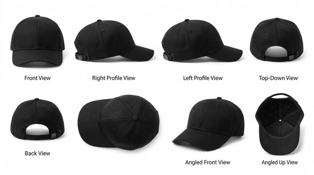 Black baseball cap shown from multiple angles on plain surface