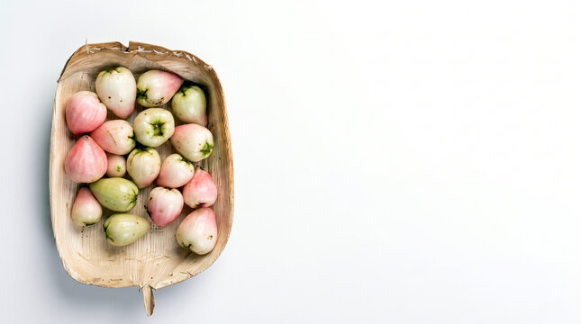 Fresh Chempottikka or water apples in a traditional eco-friendly areca leaf sheath plate, flat lay top view on white background. Nostalgic Kerala monsoon childhood bell fruit with copy space.