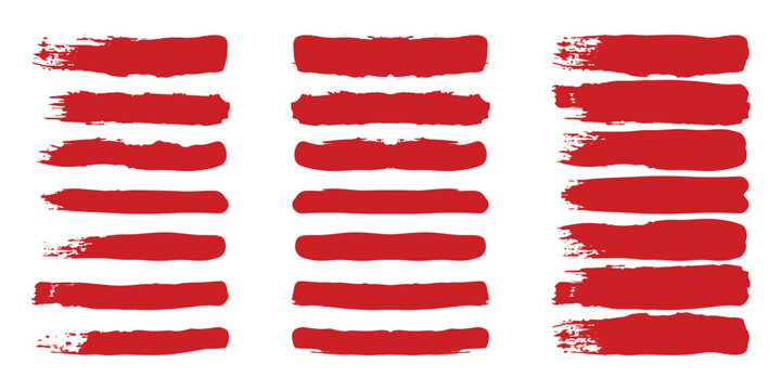 Straight red ink vector lines pack. Bloody color long and round hand-drawn brushstroke text highlights, frames, circles. Asian calligraphy brushstroke set. Rough grunge abstract blood color scribbles