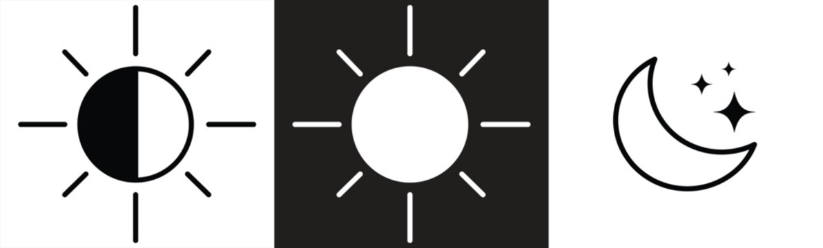 Sun and moon icon set. Day and night or dark and light mode icon, brightness symbol for brightness switch and control. Vector illustration