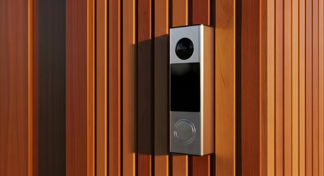 Modern silver video doorbell with camera and speaker mounted on a stylish wooden slatted wall, providing home security and smart access.