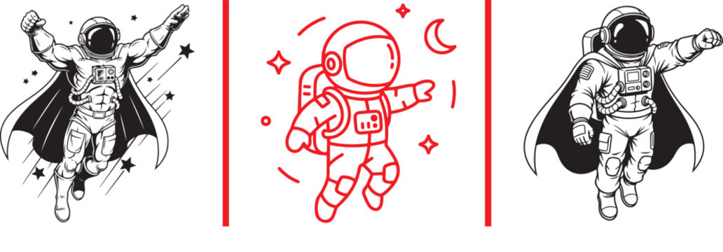 Astronaut flying with cape and stars, cartoon astronaut in space