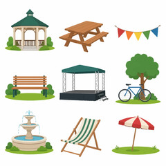 Obraz premium Flat vector icons of park and festival elements including a gazebo, picnic table, colorful bunting flags, park bench, stage, bicycle, tiered fountain, deck chair, and sun umbrella.
