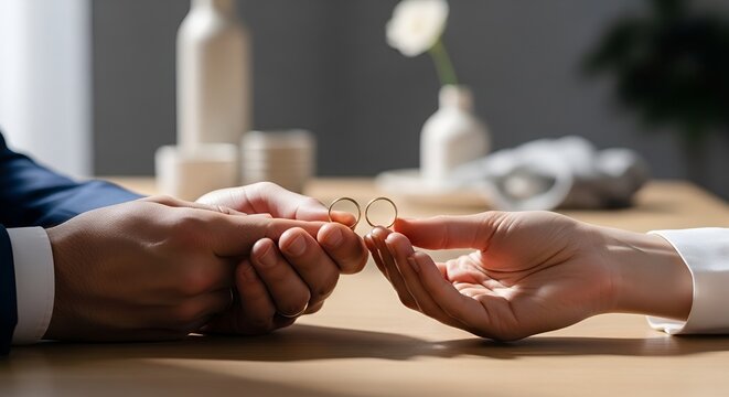 Couple exchanging wedding rings, symbolizing love and commitment