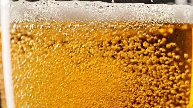 Closeup of refreshing beer with rising bubbles in a glass.