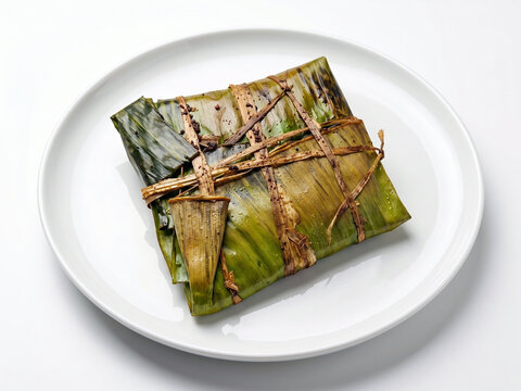 Authentic Kerala Karimeen Pollichathu on a white plate, traditional Indian pearl spot fish delicacy wrapped and cooked in a roasted banana leaf, isolated on white background.