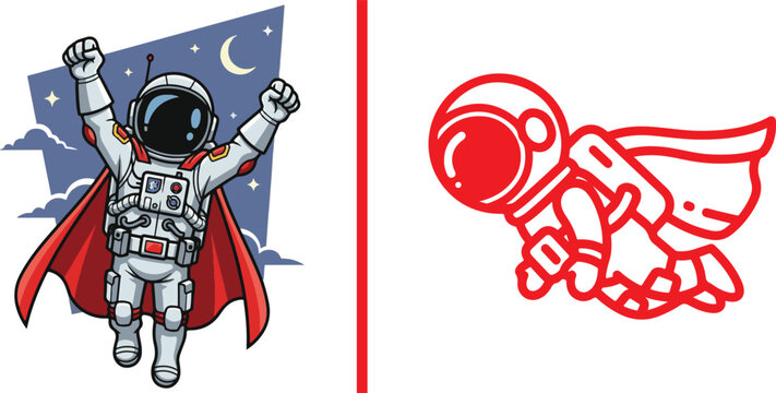 Astronaut with cape flying and arms raised in celebration