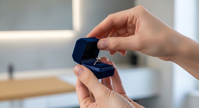 Hands opening velvet ring box with diamond engagement ring