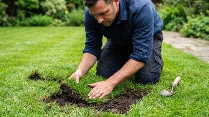 Fototapeta premium Man repairing a damaged patch of grass in a garden, gardening and lawn care concept