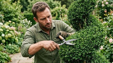 Naklejka premium A man carefully trims a bush in the shape of a bunny, creating a beautiful garden scene
