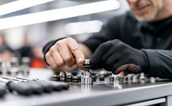 Close-up of professional technician hands adjusting electronic dials on equipment