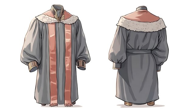 Elegant Robe with Fur Trim in Grey and Pink