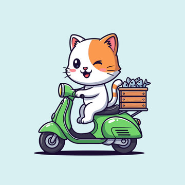 Cartoon Cat Riding Green Scooter with Crate.