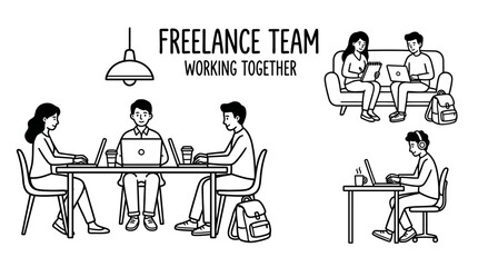Fototapeta premium Freelance team working together on laptops.