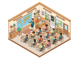 Obraz premium A vibrant isometric illustration depicting a lively classroom scene with a teacher educating young students about geography