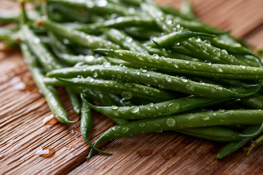 Close Up of Fresh Green Beans with Dew Drops and Natural Texture