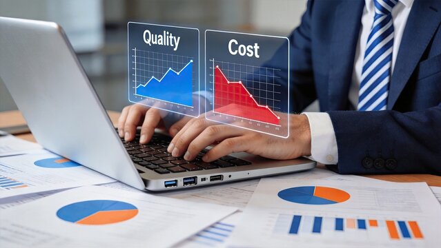 Business man analyzing quality and cost charts on laptop screen, financial data analysis concept, profit growth graph and expense reduction strategy for corporate management and