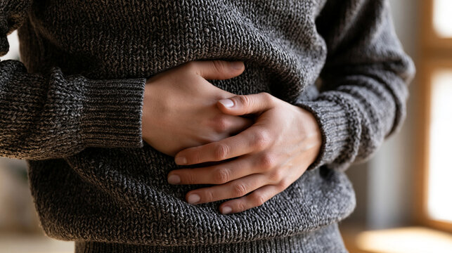Close Up of Hands Pressing Abdomen through Knitted Sweater Showing Stomach Discomfort