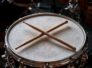 Obraz premium Crossed Wooden Drumsticks on Snare Drum with Detailed Rim and Dark Studio Background
