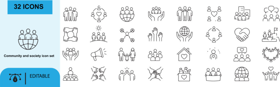 Community and society icons Each icon will be different, create a vector outline icons using white background and black color