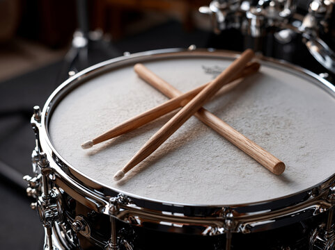 Wooden Drumsticks Resting on Snare Drumhead with Dark Musical Equipment Background