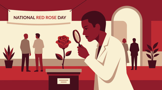 Man Inspecting Red Rose with Magnifying Glass for National Event