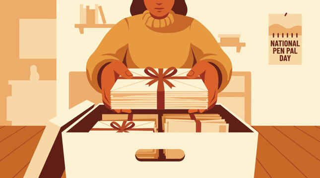 Woman holding stack of letters for National Pen Pal Day illustration