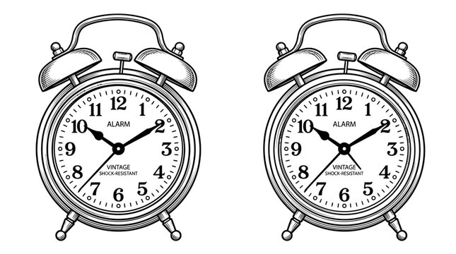 Line drawing of two identical alarm clocks side by side with white faces and black details on a plain white background.